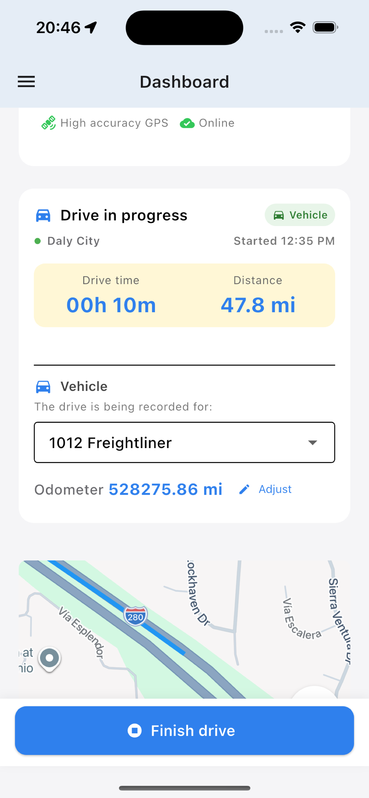 IFTA mileage tracker app showing state-by-state miles on a map